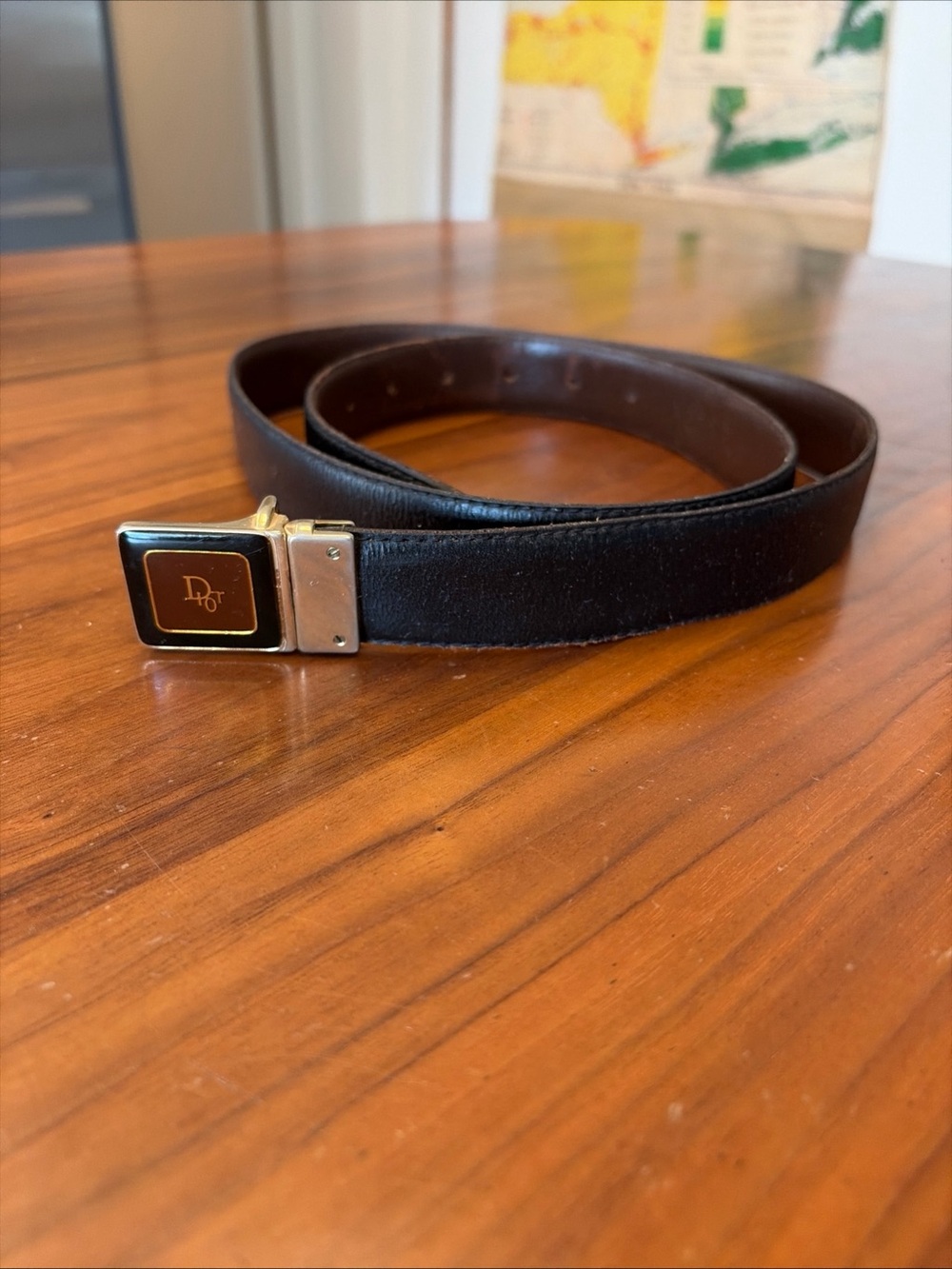 Vintage Dior Mens Womens Black Leather Belt Gold Logo Buckle Enamel 34-40” Italy